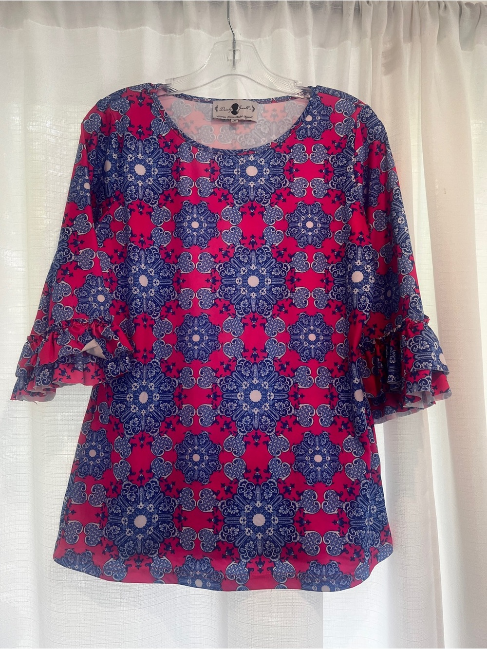 Dainty Jewells Fuchsia and Blue Medallion Ruffle-Sleeve Swim Top